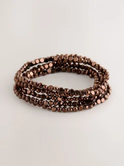 Marron chocolat - Lot de bracelets plats extensibles avec perles à facettes