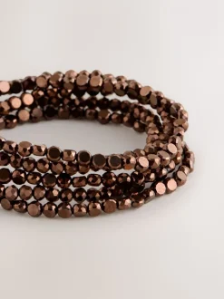 Marron chocolat - Lot de bracelets plats extensibles avec perles à facettes