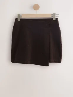 Marron chocolat - Mini-jupe cache-cœur en velours côtelé