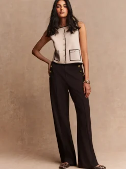 Marron chocolat - Pantalon large en Ponte avec boutons dorés