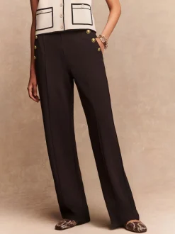 Marron chocolat - Pantalon large en Ponte avec boutons dorés