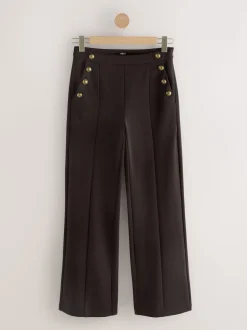 Marron chocolat - Pantalon large en Ponte avec boutons dorés