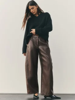 Marron chocolat - Pantalon Regular en similicuir à jambe large