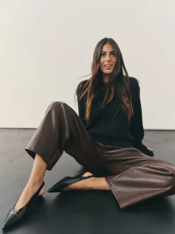 Marron chocolat - Pantalon Regular en similicuir à jambe large