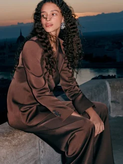 Marron chocolat - Pantalons amples en satin à dos élastique