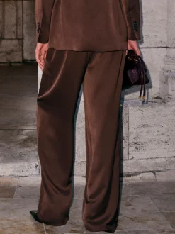 Marron chocolat - Pantalons amples en satin à dos élastique