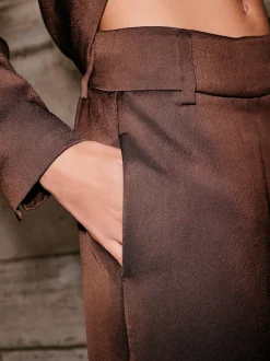 Marron chocolat - Pantalons amples en satin à dos élastique