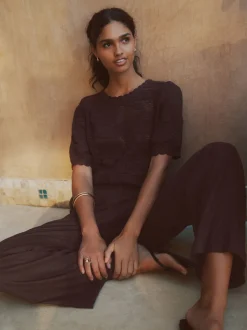 Marron chocolat - Pantalons intelligents à jambe large en lin Blend