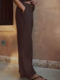 Marron chocolat - Pantalons intelligents à jambe large en lin Blend