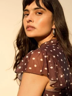 Marron chocolat à pois - Robe longue Grande occasion à col en V Imprimé en maille Plissé