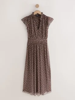 Marron chocolat à pois - Robe longue Grande occasion à col en V Imprimé en maille Plissé
