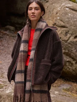 Marron chocolat - Polaire zippée en peau de mouton avec col côtelé