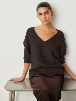 Marron chocolat - Pull côtelé en maille à col en V