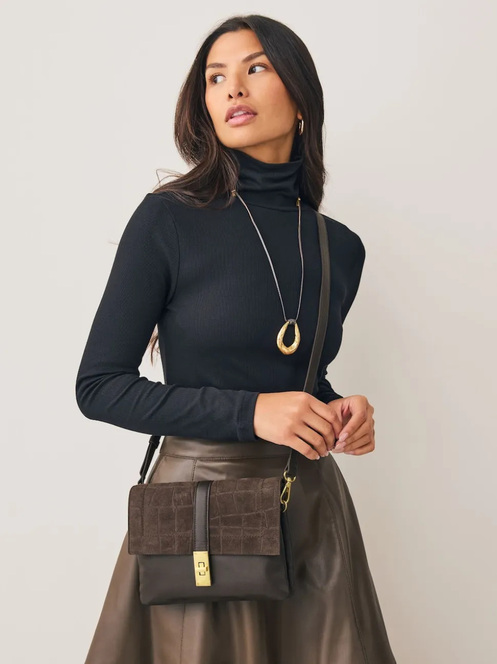 Marron chocolat - Sac à bandoulière en cuir effet croco