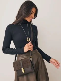 Marron chocolat - Sac à bandoulière en cuir effet croco