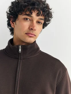 Marron chocolat - Sweat à col cheminée zippé en jersey riche en coton