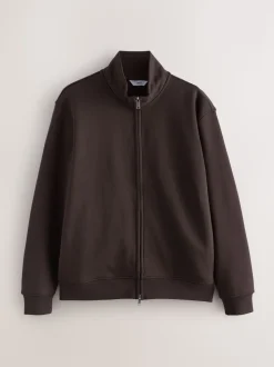 Marron chocolat - Sweat à col cheminée zippé en jersey riche en coton