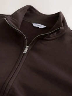 Marron chocolat - Sweat à col cheminée zippé en jersey riche en coton
