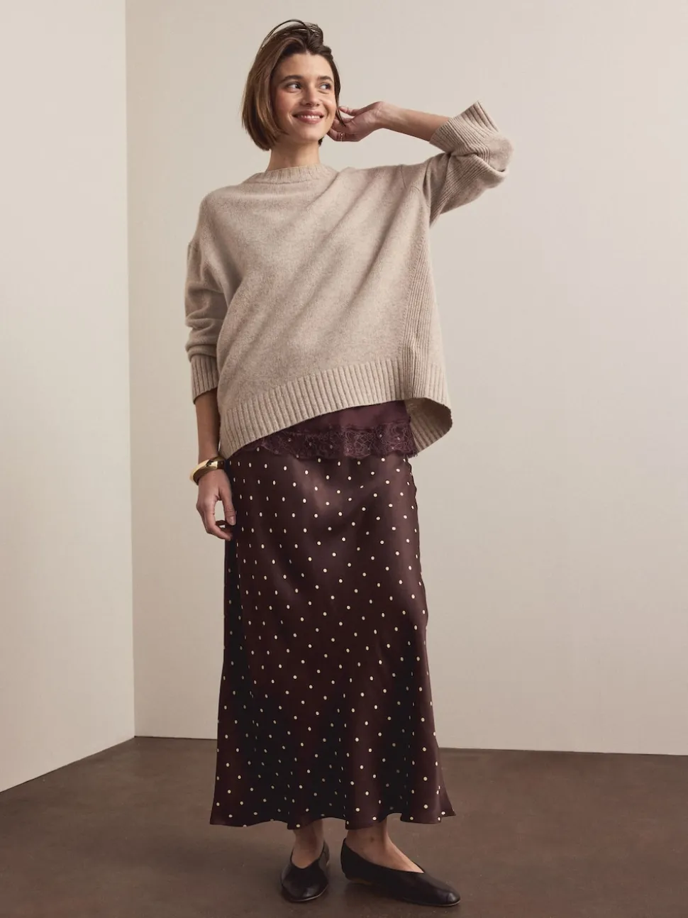 Marron chocolat/Cream à pois - Jupe Midi Satin