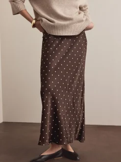 Marron chocolat/Cream à pois - Jupe Midi Satin