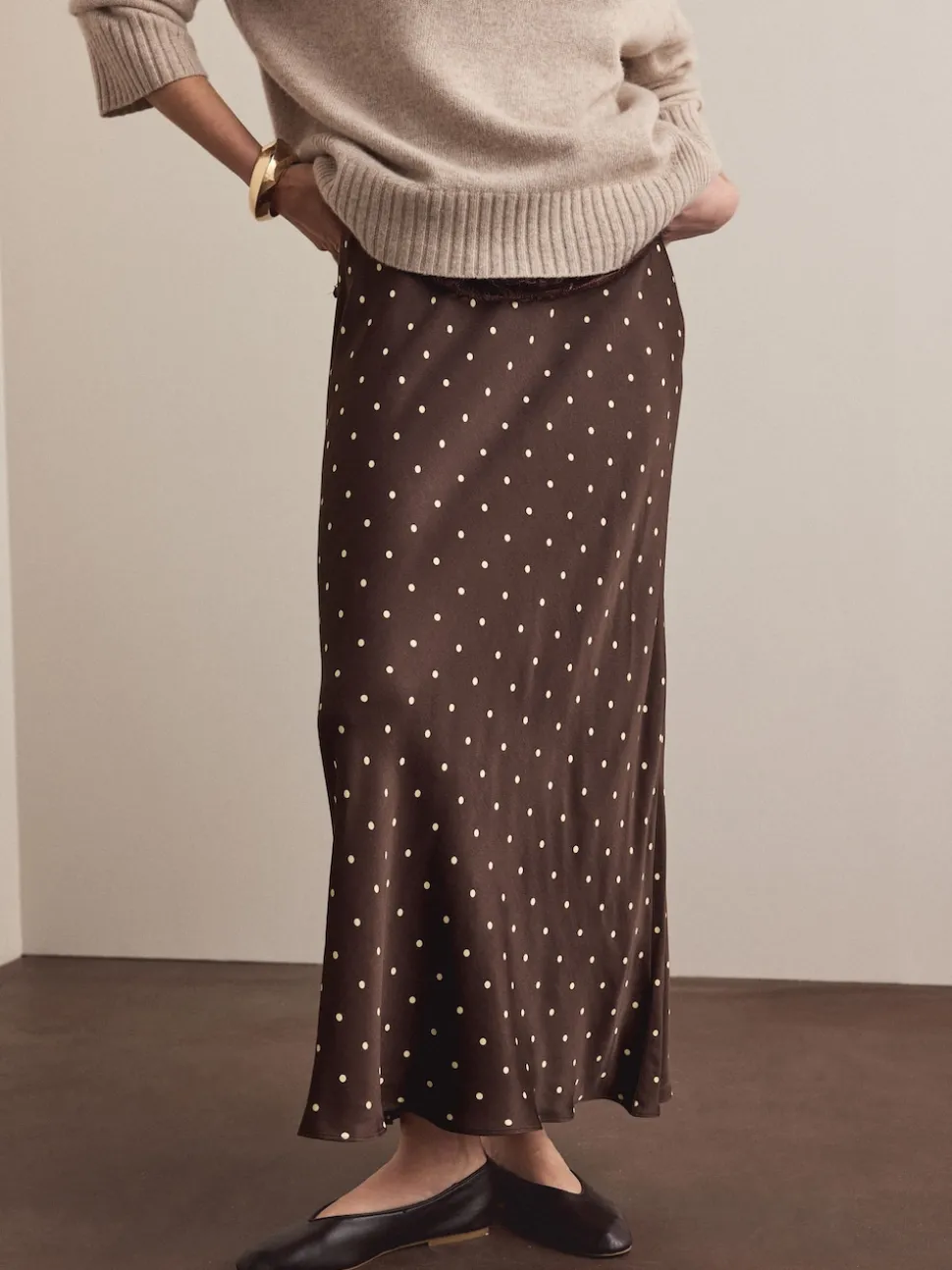 Marron chocolat/Cream à pois - Jupe Midi Satin