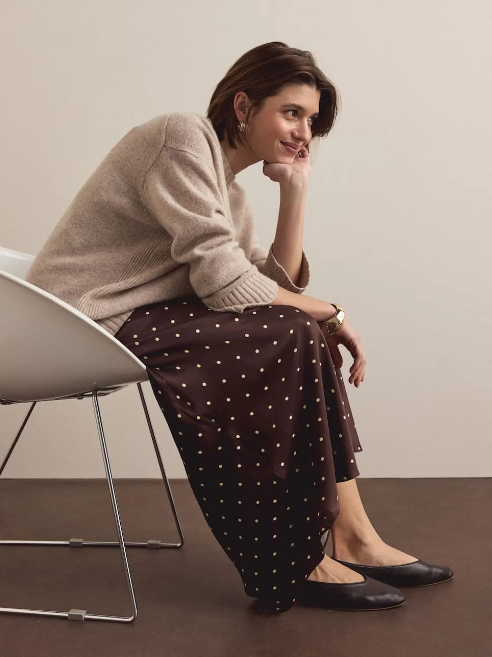 Marron chocolat/Cream à pois - Jupe Midi Satin