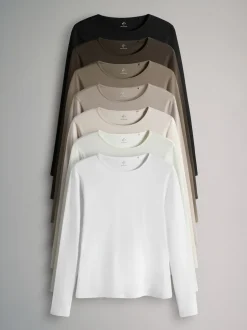 Marron chocolat/marron taupe/marron clair/neutre - The Set 7 Lot Manches longues Col rond T-shirt