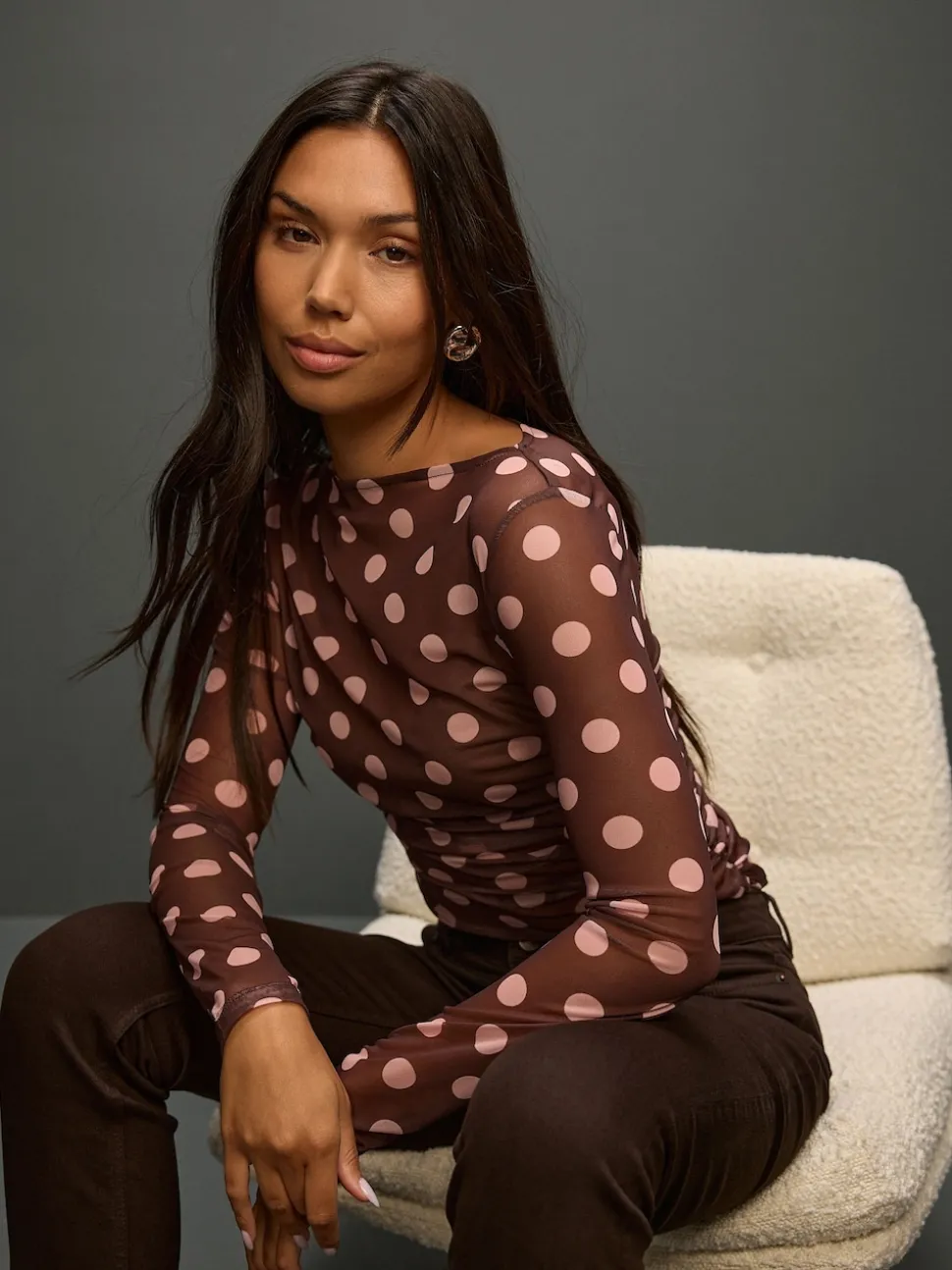 Marron chocolat/rose à pois - Haut en maille latérale froncée à manches longues