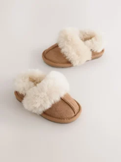 Marron fauve - Chaussons doublés en peau de mouton en daim