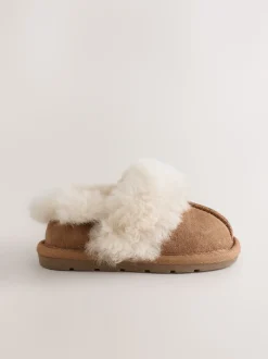 Marron fauve - Chaussons doublés en peau de mouton en daim