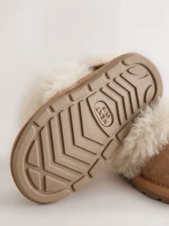 Marron fauve - Chaussons doublés en peau de mouton en daim