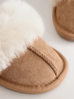 Marron fauve - Chaussons doublés en peau de mouton en daim