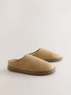 Marron fauve - Chaussons mules à bande en microdaim