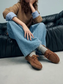 Marron fauve - Chaussures bateau en cuir à bout rond