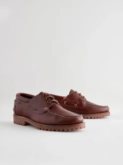 Marron fauve - Chaussures bateau en cuir à semelle crantée