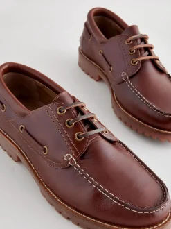 Marron fauve - Chaussures bateau en cuir à semelle crantée