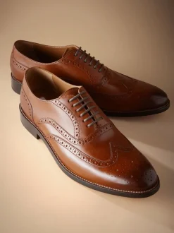 Marron fauve - Coupe large - Chaussures Signature Brogue Wingcap en cuir italien