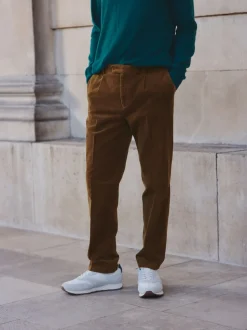 Marron fauve - Pantalon habillé droit en coton riche en velours côtelé