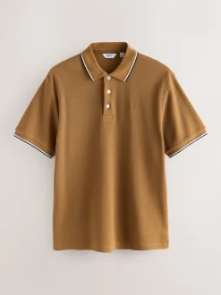 Marron fauve - Polo coupe classique à manches courtes et liserés