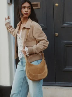 Marron fauve - Sac à bandoulière en cuir à encolure dégagée