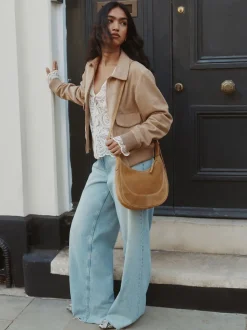 Marron fauve - Sac à bandoulière en cuir à encolure dégagée