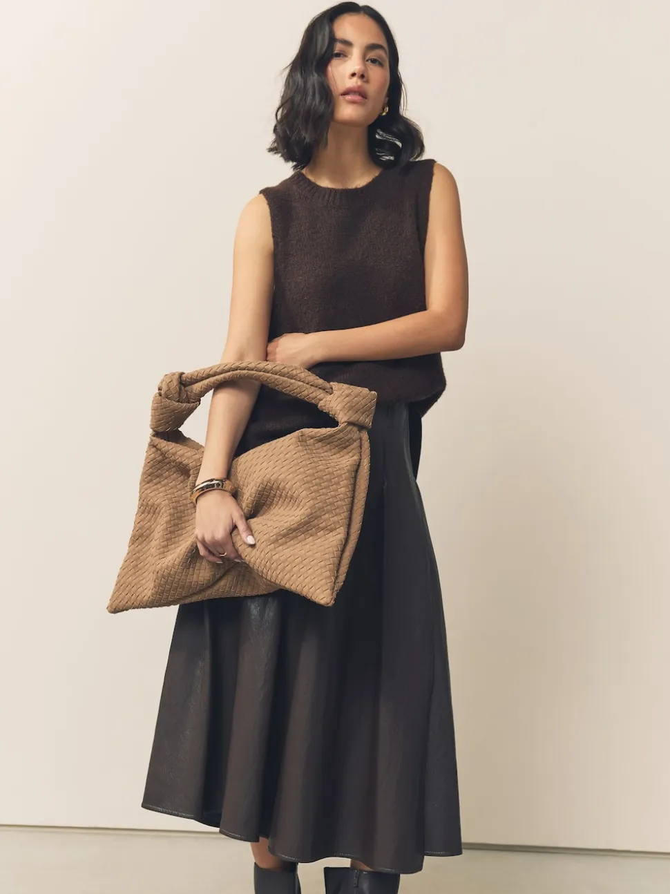 Marron fauve - Sac bandoulière tissé en Faux daim