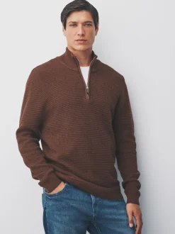 Marron fauve - Uni - Pull N.Premium Coupe classique en Coton riche à Texture haut de gamme à col zippé