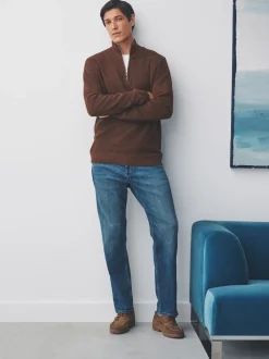 Marron fauve - Uni - Pull N.Premium Coupe classique en Coton riche à Texture haut de gamme à col zippé