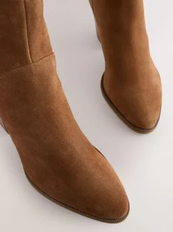 Marron fauve en daim - Bottines western à talons carrés