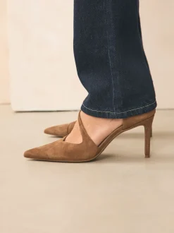 Marron fauve en daim - Talons de cour asymétriques en cuir haut de gamme