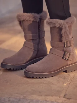 Marron mink - Bottes en fausse fourrure à double boucle