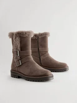Marron mink - Bottes en fausse fourrure à double boucle