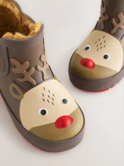 Marron motif renne - Bottines en caoutchouc avec doublure chaude