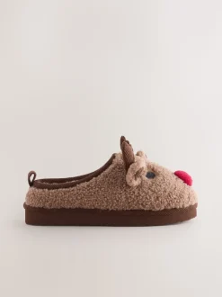 Marron motif renne - Mules chaussons confortables de Noël
